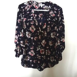DR2 Women's Long Button Tab Sleeve Navy With White Floral Blouse Size Large